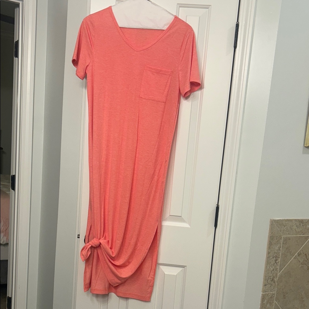 Coral V-Neck T-Shirt Maxi Dress